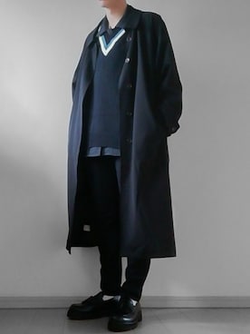 「remer（リメール）のアイテム（ステンカラーコート）」を使った、けいさん（メンズ・177cm）の冬コーディネート