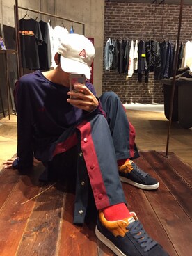 「MYne（マイン）のアイテム（帽子）」を使った、THE PHARCYDEさん（メンズ・175cm）の春コーディネート