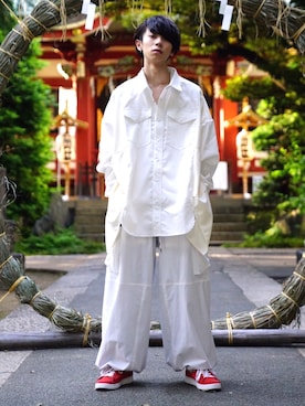 「MYne（マイン）のアイテム（パンツ）」を使った、THE PHARCYDEさん（メンズ・175cm）の夏コーディネート