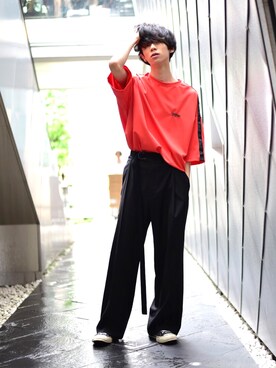 「MYne（マイン）のアイテム（スラックス）」を使った、THE PHARCYDEさん（メンズ・175cm）の夏コーディネート