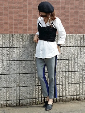「配色」｜「アイテム（ハンチング/ベレー帽）」を使った、&りっちさん（レディース・154cm）の春コーディネート