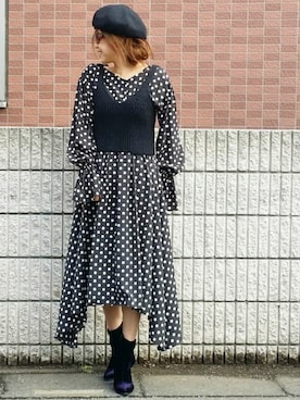 ドットプリントギャザースリーブフレアワンピースを使った人気  