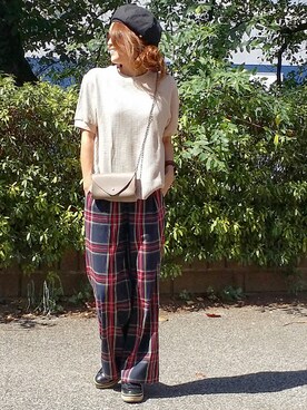 「ワッフルクルーネックＴ」｜「アイテム（その他シューズ）」を使った、&りっちさん（レディース・154cm）の秋コーディネート