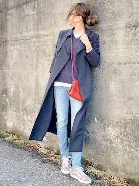 「ネイビーコーデ」｜「アイテム（トレンチコート）」を使った、&りっちさん（レディース・154cm）の冬コーディネート