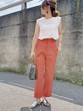 「アイテム（チノパンツ、オレンジ系）」を使った、&りっちさん（レディース・154cm）の夏コーディネート