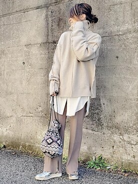 「select MOCA（セレクトモカ）のリンキングオーバーサイズタートルニット（ニット/セーター）」を使った、&りっちさん（レディース・154cm）の冬コーディネート