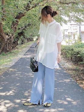 「センタープレスパンツ」｜「アイテム（その他シューズ）」を使った、&りっちさん（レディース・154cm）の夏コーディネート