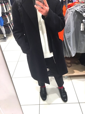 「オーバーコート」｜「アイテム（ライダースジャケット）」を使った、あきの。さん（メンズ・169cm）の冬コーディネート