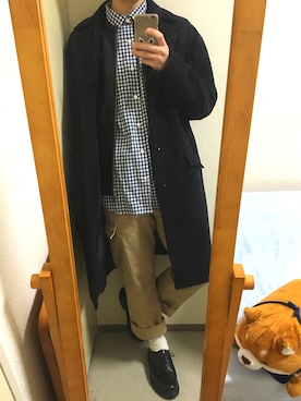 「オーバーコート」｜「アイテム（ライダースジャケット）」を使った、あきの。さん（メンズ・169cm）の春コーディネート