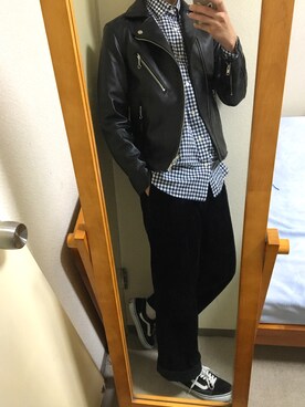 「オールドスクール」｜「アイテム（ライダースジャケット）」を使った、あきの。さん（メンズ・170cm）の春コーディネート