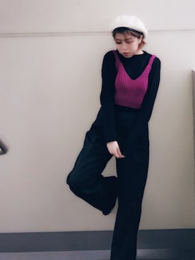 「ニットキャミソール」｜「アイテム（ハンチング/ベレー帽）」を使った、Aoi Yamamotoさん（レディース・151cm）の秋コーディネート