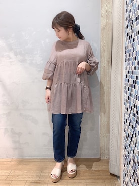 「earth music&ecology（アースミュージックアンドエコロジー）のアイテム（デニムパンツ）」を使った、ʀɪʜᴏ ☺︎さん（レディース・147cm）の春コーディネート