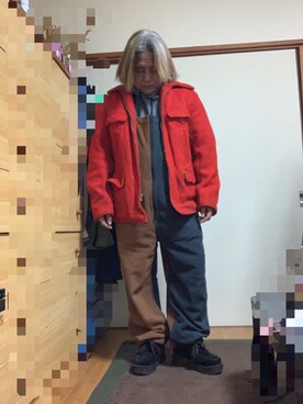 「古着のアイテム（ジャケット/アウター、レッド系）」を使った、kiyoさん（メンズ・157cm）の冬コーディネート