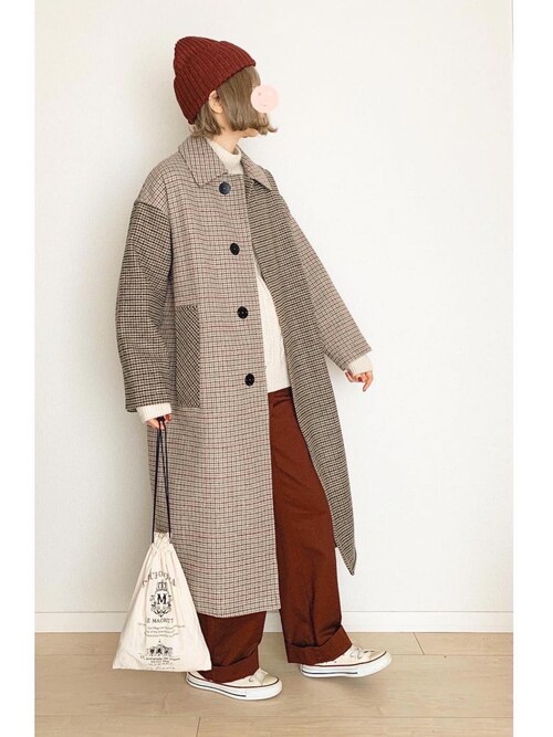 ウール グレンチェック ミックス ステンカラーコートを使った人気ファッションコーディネート - WEAR