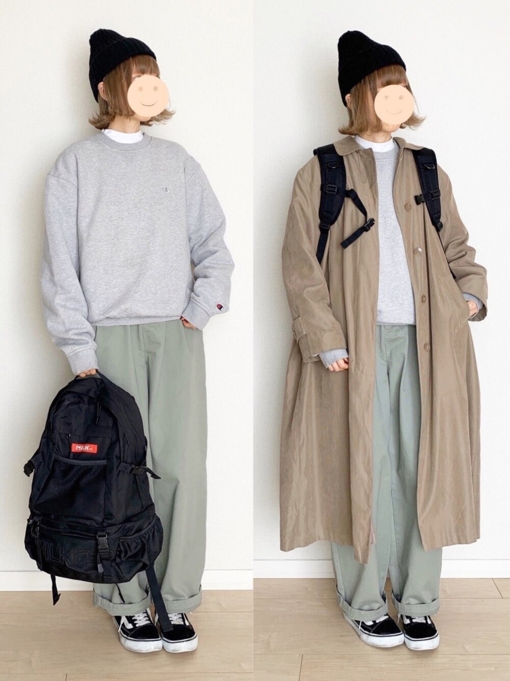 「カジュアル、ロングコート、古着女子、UNIQLO、プチプラ、高身長女子、おしゃれさんと繋がりたい、スウェット、ニット帽、バックパック」｜「Champion(vintage)のアイテム（スウェット、グレー系）」を使った、micoronさん（レディース・167cm）の冬コーディネートの1枚目の写真