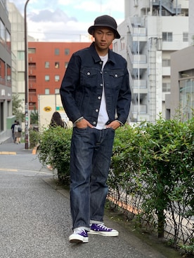 「SCHOTT」｜「アイテム（デニムジャケット）」を使った、chin shi iさん（メンズ・176cm）の秋コーディネート