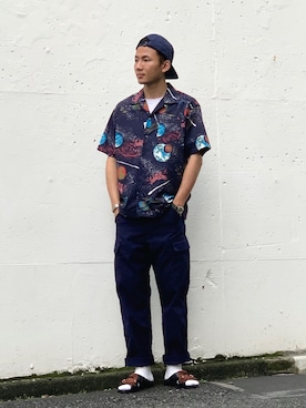 「schott（ショット）のSchott/ショット/HAWAIIAN SHIRT PLANET/ハワイアンシャツ プラネット（シャツ/ブラウス）」を使った、chin shi iさん（メンズ・176cm）の夏コーディネート