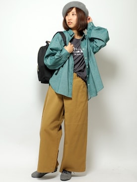 「長袖Tシャツ」｜「アイテム（ハンチング/ベレー帽）」を使った、kaoriさん（レディース・157cm）の冬コーディネート