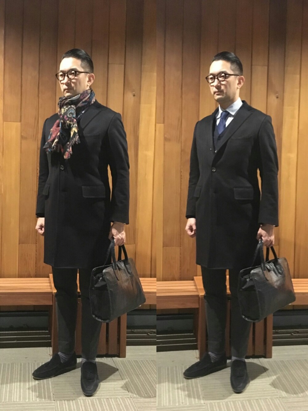 「シンプル、ネイビー、冬、冬コーデ、ストール、めがね、チェスターコート、コート、ローファー、大人コーデ」｜「SHIPSのネイビーチェスターコート（チェスターコート、ブルー系）」を使った、ＴＡＫＡ.Ｓさん（メンズ・181cm）の冬コーディネートの1枚目の写真