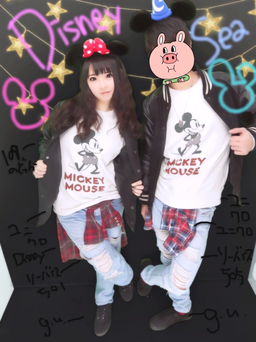 「ふたごコーデ、ディズニーコーデ、ディズニー、ユニクロ、ミッキースウェット、リーバイス501、リーバイス505、リーバイス、ネルシャツ、チェックシャツ」｜「UNIQLOのアイテム（パーカー、ホワイト系）」を使った、みそさん（レディース・156cm）の春コーディネートの1枚目の写真