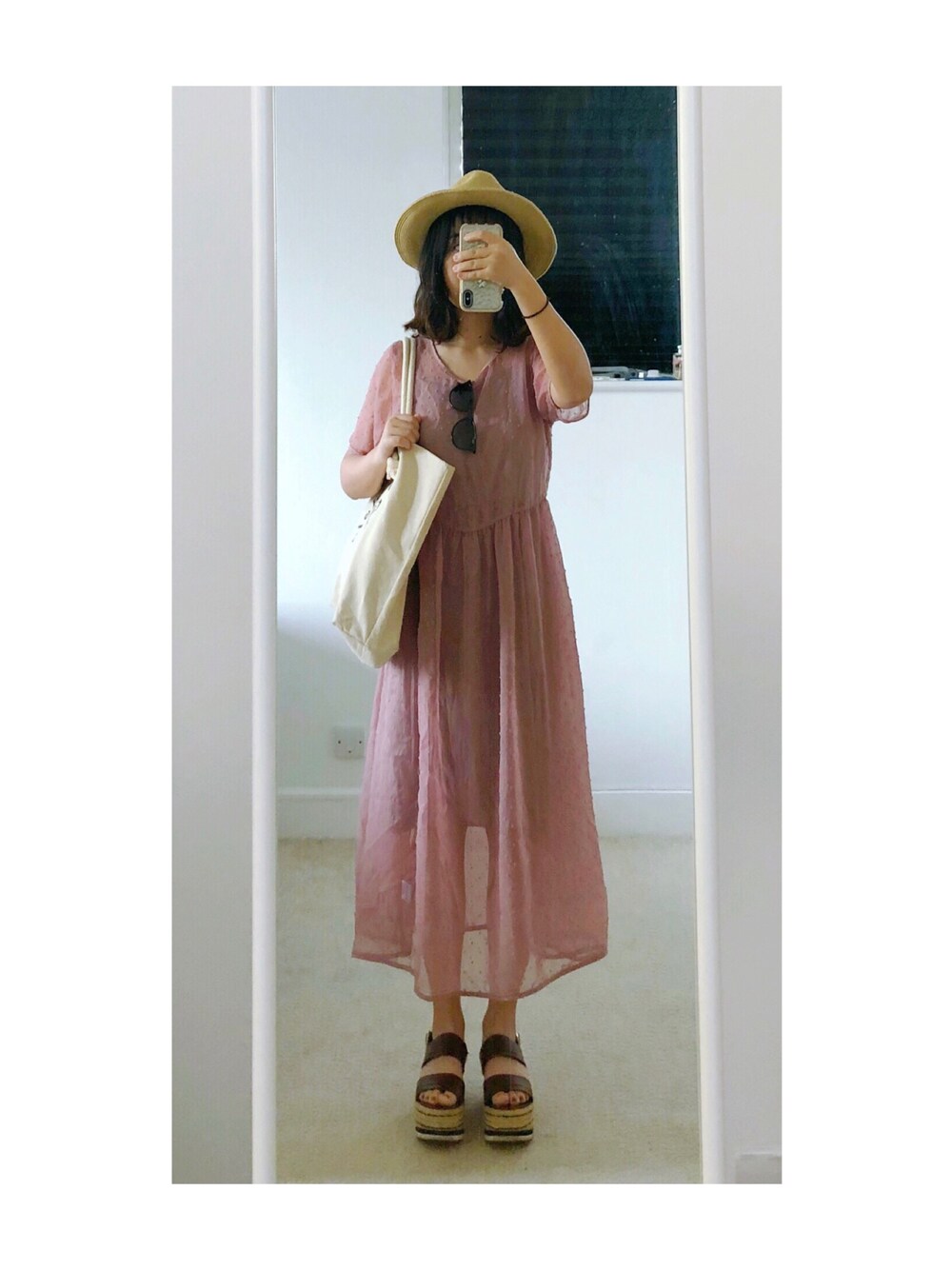 「夏コーデ、ワンピース、ピンク」｜「FURLAのアイテム（サンダル、ブラウン系）」を使った、sen'sさん（レディース・155cm）の夏コーディネートの1枚目の写真