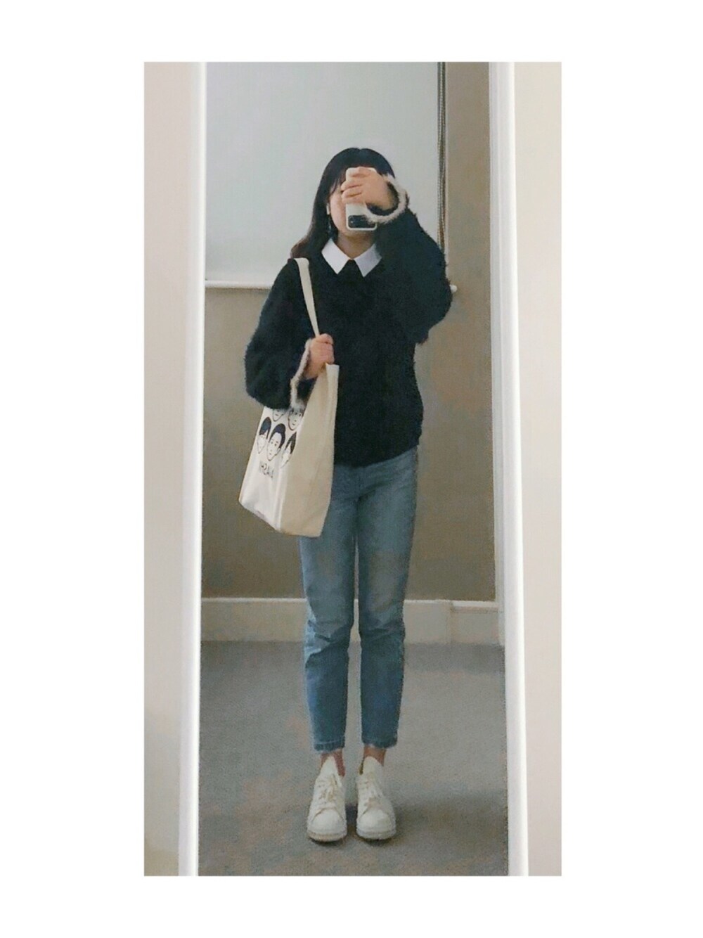 「ootd、BLACKBYMOUSSY」｜「BLACK BY MOUSSYのHUILA blue denim（デニムパンツ、ブルー系）」を使った、sen'sさん（レディース・155cm）の秋コーディネートの1枚目の写真