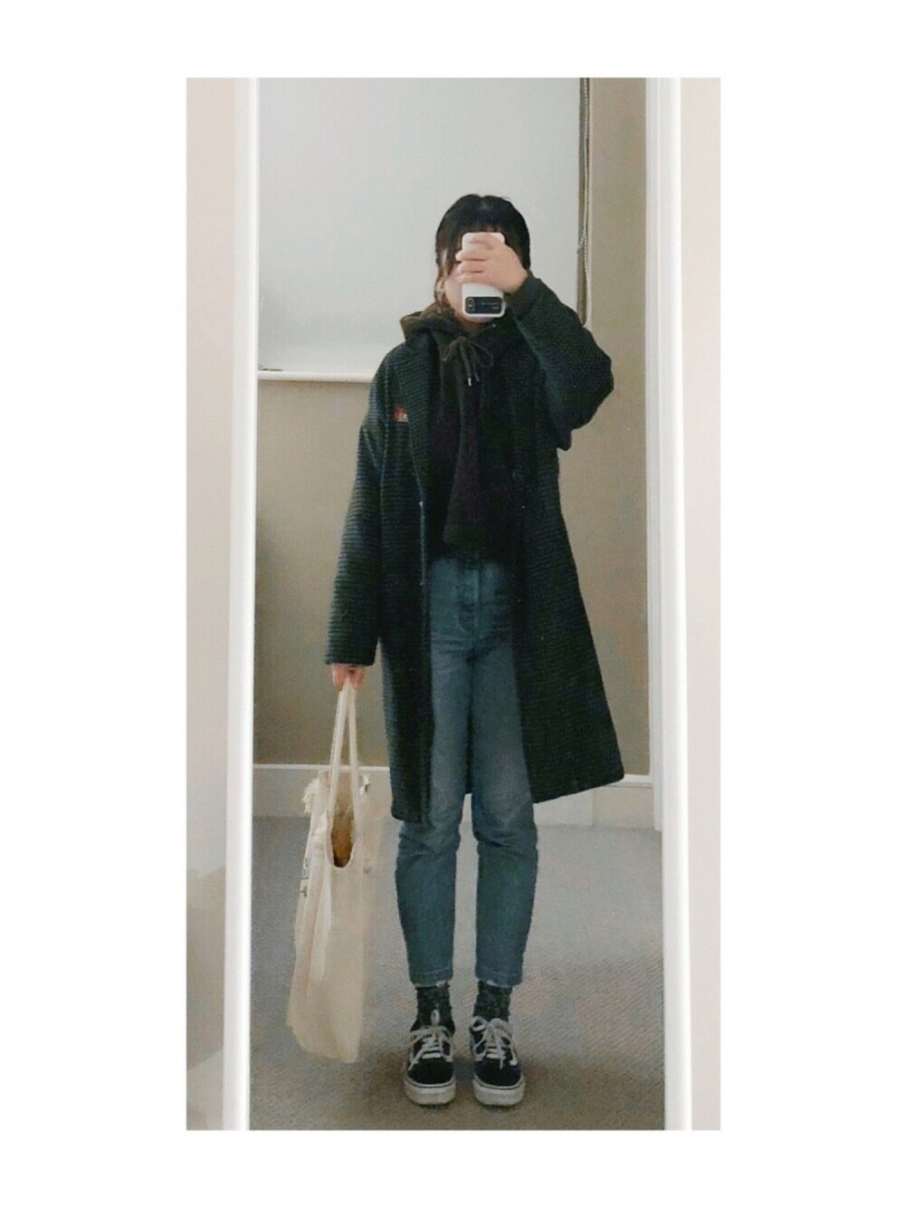 「CONVERSE TOKYO、BLACKBYMOUSSY、VANS、BEAMS」｜「CLANEのCONVERSE TOKYO×CLANE ボアパーカー（パーカー、グリーン系）」を使った、sen'sさん（レディース・155cm）の秋コーディネートの1枚目の写真