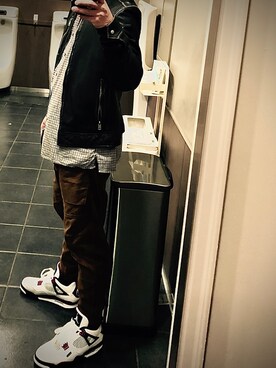 「チェック柄に恋してる」｜「アイテム（ライダースジャケット）」を使った、ざまぜんたさん（メンズ・175cm）の秋コーディネート