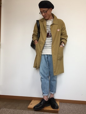 「テーパードデニム」｜「アイテム（ステンカラーコート）」を使った、kojiさん（メンズ・167cm）の春コーディネート