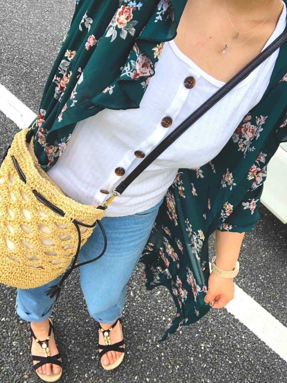 「夏コーデ、ワンピ羽織りがち」｜「no brandのアイテム（サンダル、ブラック系）」を使った、ぽむまめこさん（レディース・155cm）の春コーディネートの1枚目の写真