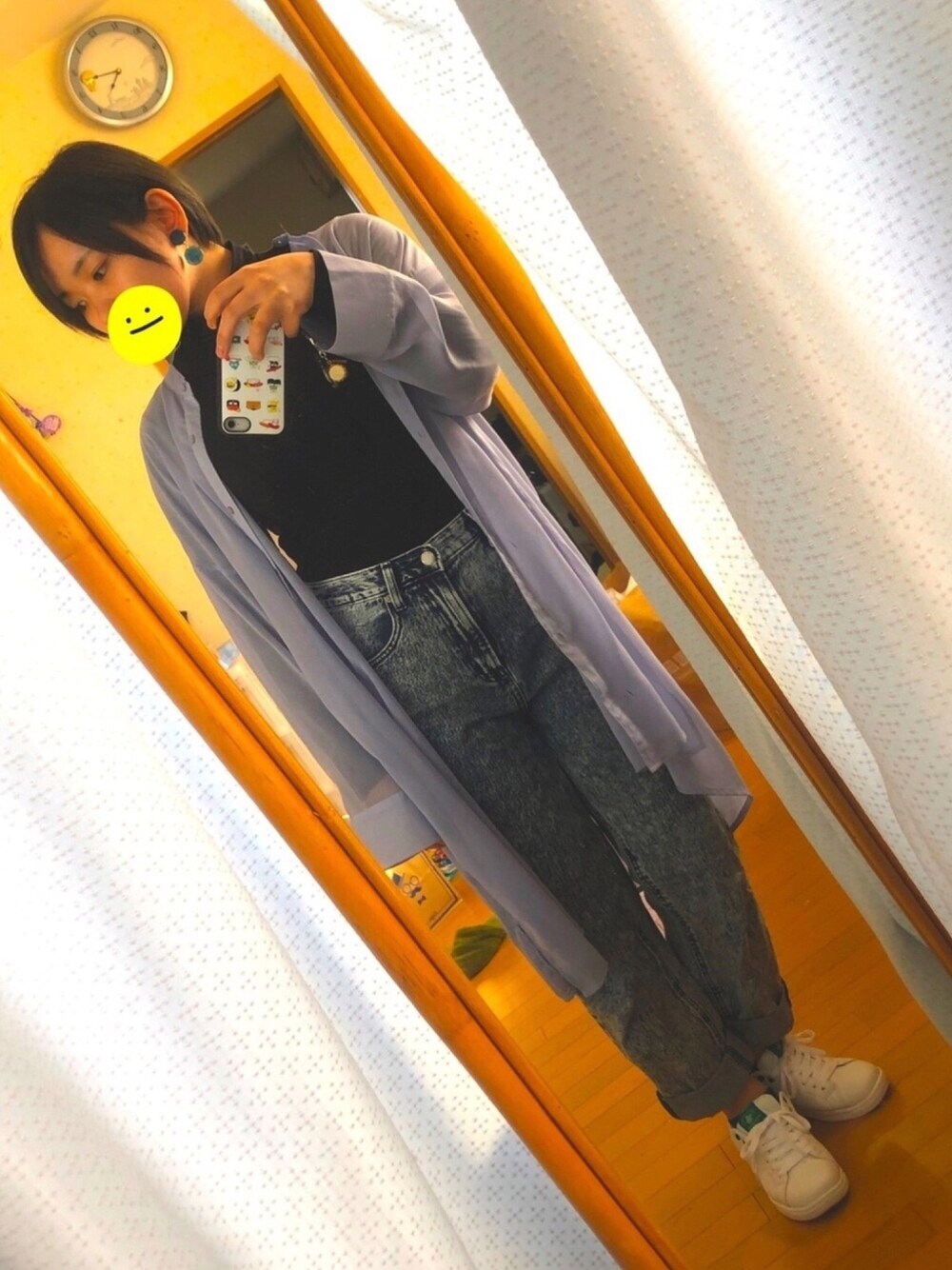 「BEASTARS、レゴシ、GU、UNIQLO」｜「GUのシアーバンドカラーロングシャツ（シャツ/ブラウス、ブルー系）」を使った、ぽむまめこさん（レディース・155cm）の春コーディネートの1枚目の写真