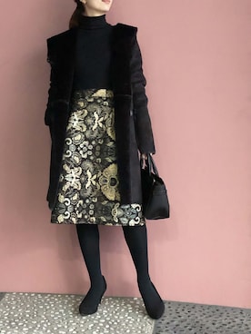 「女子会」｜「アイテム（ムートンコート）」を使った、PICCINさん（レディース・158cm）の冬コーディネート