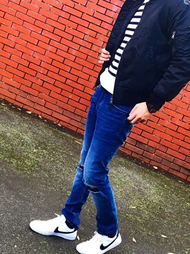 「ジーユー」｜「アイテム（MA-1）」を使った、Riku.Hさん（メンズ・177cm）の冬コーディネート