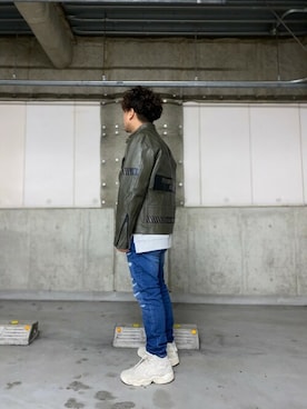 「新作」｜「アイテム（ライダースジャケット）」を使った、松下晋弥さん（メンズ・168cm）の冬コーディネート