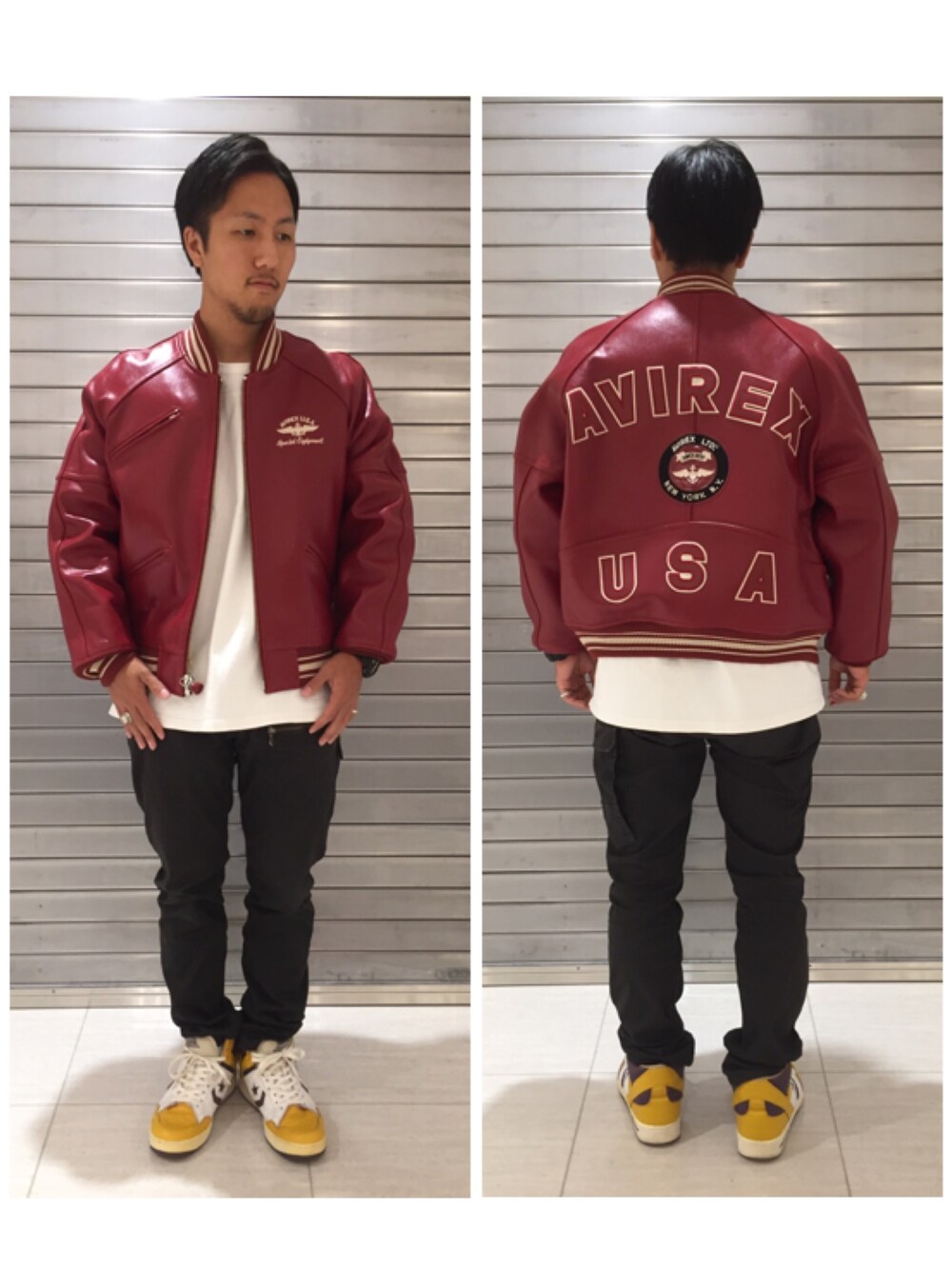 「スニーカー、ビッグシルエット、スタジャン、ミリタリー、AVIREX、休日スタイル、オトナカジュアル、秋コーデ、おしゃれさんと繋がりたい、AVIREX立川」｜「AVIREXのavirex/アヴィレックス/メンズ/VARSITY JACKET/ヴァーシティー　ジャケット（スタジャン、レッド系）」を使った、toshioさん（メンズ・168cm）の夏コーディネートの1枚目の写真