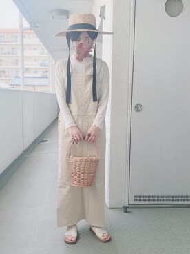 「ストローハット」｜「アイテム（キャップ）」を使った、hiiibarさん（レディース・157cm）の春コーディネート