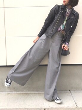 「花見」｜「アイテム（ライダースジャケット）」を使った、mahoさん（レディース・157cm）の春コーディネート