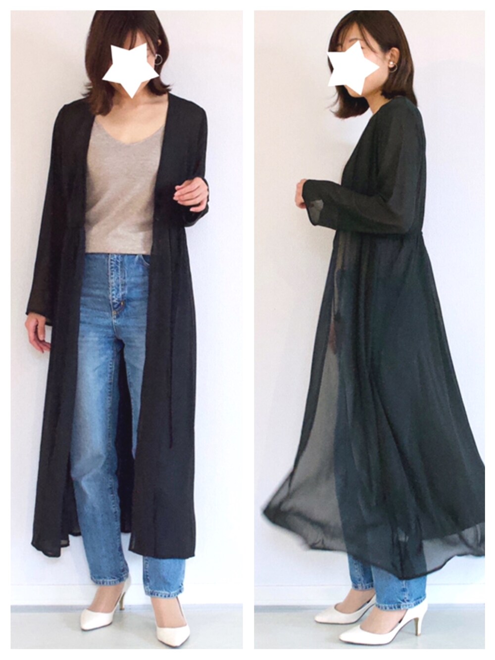 「ガウンワンピース、黒ワンピース、シフォンワンピ、ニットキャミソール、GU、デニム、大人カジュアル、春コーデ、ワンピースコーデ、プチプラ」｜「Re:EDITのアイテム（ワンピース/ドレス、ブラック系）」を使った、SioAiさん（レディース・161cm）の冬コーディネートの1枚目の写真