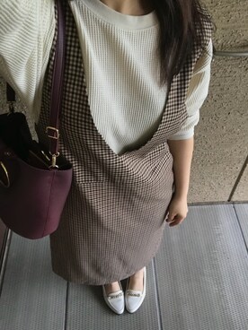 「ワッフルクルーネックＴ」｜「アイテム（ワンピース/ドレス）」を使った、maiさん（レディース・164cm）の秋コーディネート