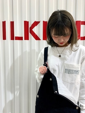 「MILKFED.（ミルクフェド）のアイテム（サロペット/オーバーオール）」を使った、MILKFED. HEAD OFFICEさん（レディース・158cm）の春コーディネート