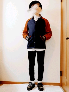 「アイテム（スタジャン、ブラウン系）」を使った、yamaさん（メンズ・164cm）の秋コーディネート