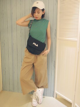 「SQUAD（スクアッド）のアイテム（帽子）」を使った、Cathy Changさん（レディース・156cm）の夏コーディネート