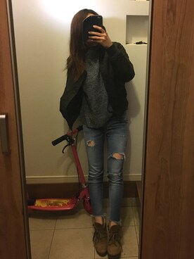 「ハイネックニット」｜「アイテム（MA-1）」を使った、はらぺこあおむしさん（レディース・157cm）の春コーディネート