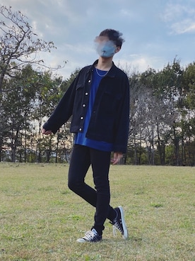 「LILL（リル）のアイテム（デニムジャケット）」を使った、青色コーデのうた⚫️⚪️🔵さん（メンズ・178cm）の秋コーディネート
