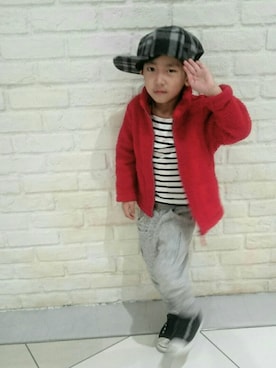 「KRIFF MAYER（クリフメイヤー）のアイテム（キャップ）」を使った、royさん（キッズ・110cm）の冬コーディネート