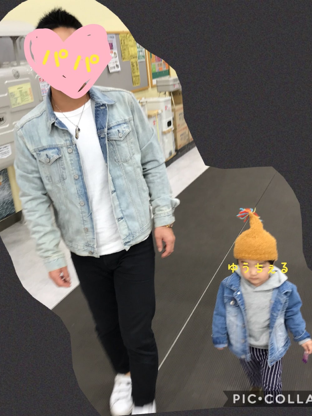 「親子コーデ、リンクコーデ、Gジャン、パパと息子、キッズコーデ、2歳、兄弟」｜「GAPのアイテム（デニムジャケット、ブルー系）」を使った、®︎into!!さん（キッズ・80cm）の秋コーディネートの1枚目の写真