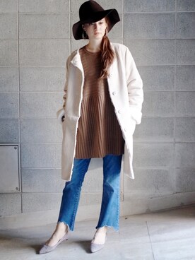 「ハット」｜「アイテム（ムートンコート）」を使った、ミシェルさん（レディース・163cm）の冬コーディネート