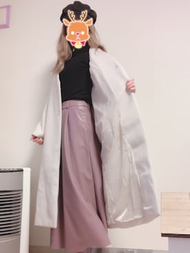 「レザースカート」｜「アイテム（ノーカラーコート）」を使った、ゆずきさん（レディース・158cm）の冬コーディネート