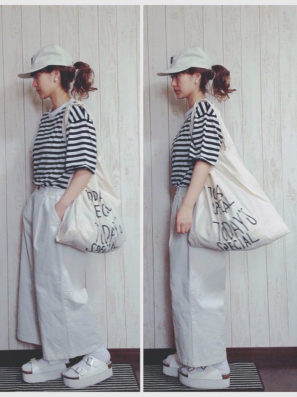 「厚底サンダル、ワイドパンツ、ホワイト、モノトーン、キャップ、ボーダー、トートバッグ、シンプルコーデ、ママコーデ、キャップコンテスト」｜「VALMANのアイテム（その他パンツ、ホワイト系）」を使った、chocomintさん（レディース・154cm）の春コーディネートの1枚目の写真