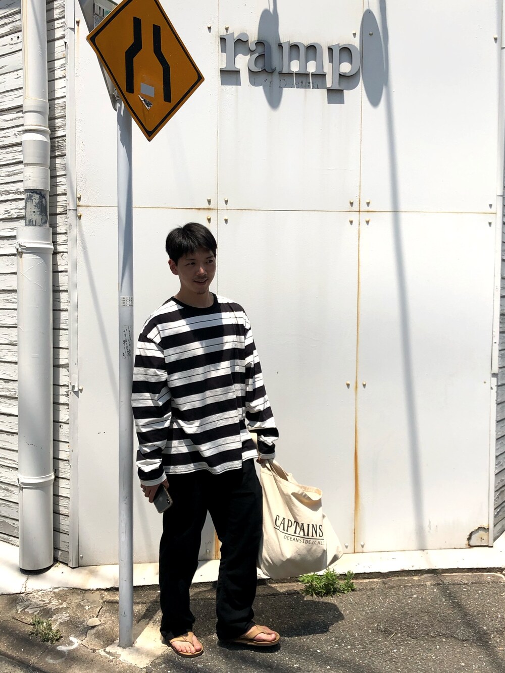 「nonnative、YSTRDY's TMRRW、rainbowsandals、captains helm」｜「YSTRDY's TMRRWのアイテム（Tシャツ/カットソー、ブラック系）」を使った、JinwooParkさん（メンズ・174cm）の夏コーディネートの1枚目の写真